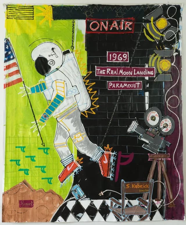 Painting by JR Rodríguez: an astronaut under an On Air sign and studio lights